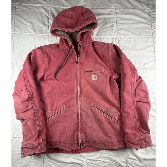 Carhartt WJ141 Pink Canvas Hooded Lined Chore Coat Barn Jacket Women's Small - Picture 1 of 11
